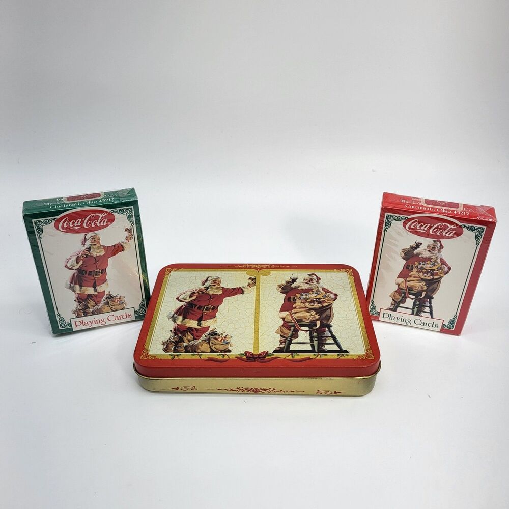 1994 Coca-Cola Nostalgia Playing Cards 2 Sealed Decks in Metal Tin Santa Coke